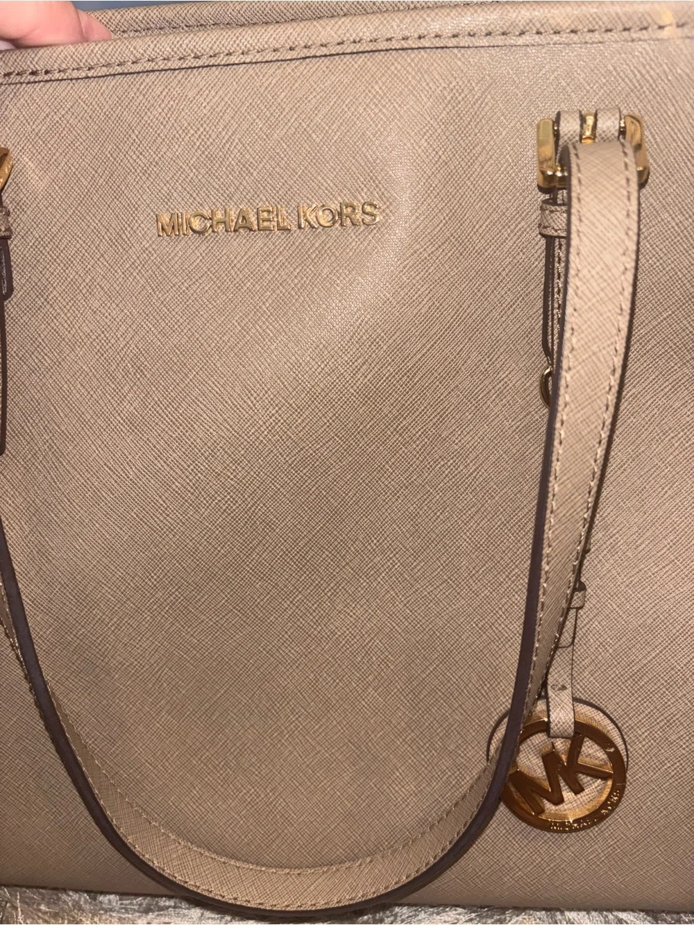 Michael Kors Beige Saffiano Leather Tote with Gold Hardware